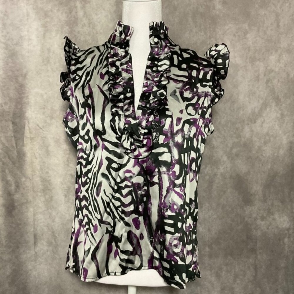 Violet & Claire Sleeveless Zebra Blouse Black Purple Ruffle High Neck Size Small